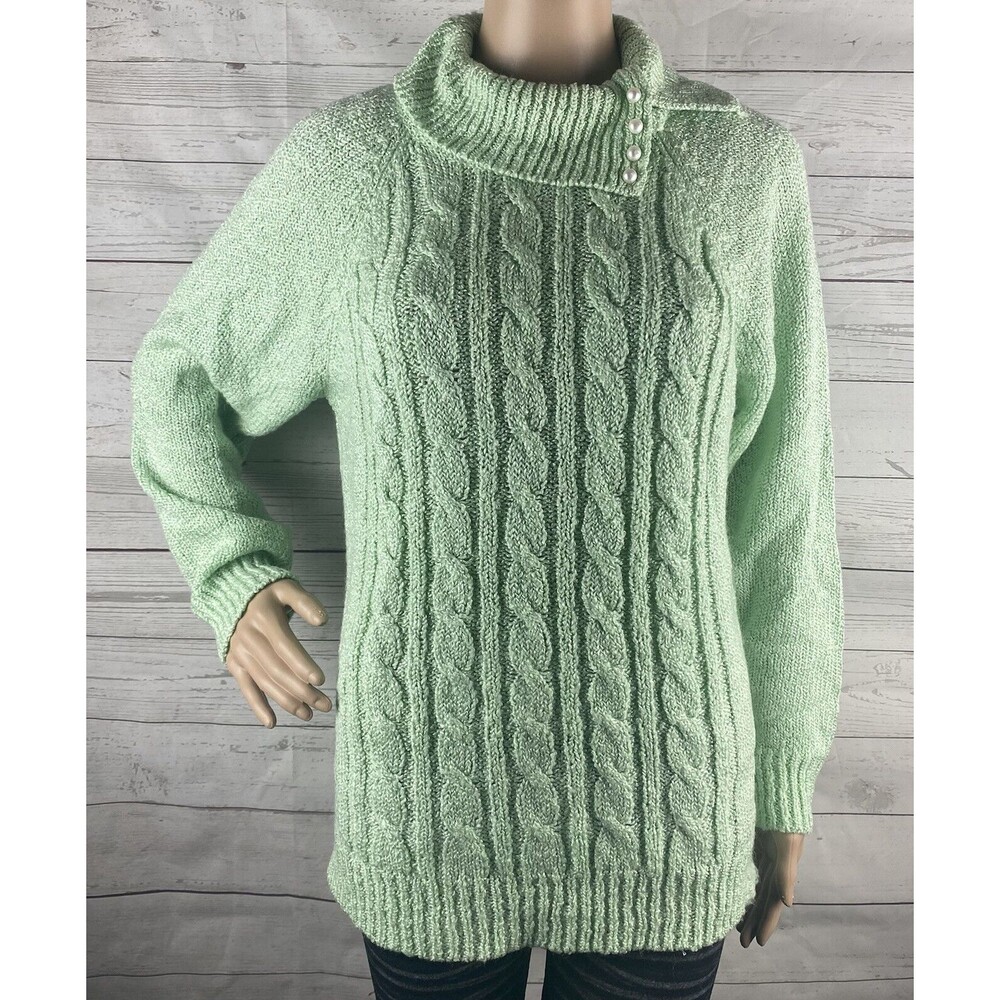Vintage Hasting & Smith Sweater Medium Mint Green Cable Knit Faux Pearl Collar